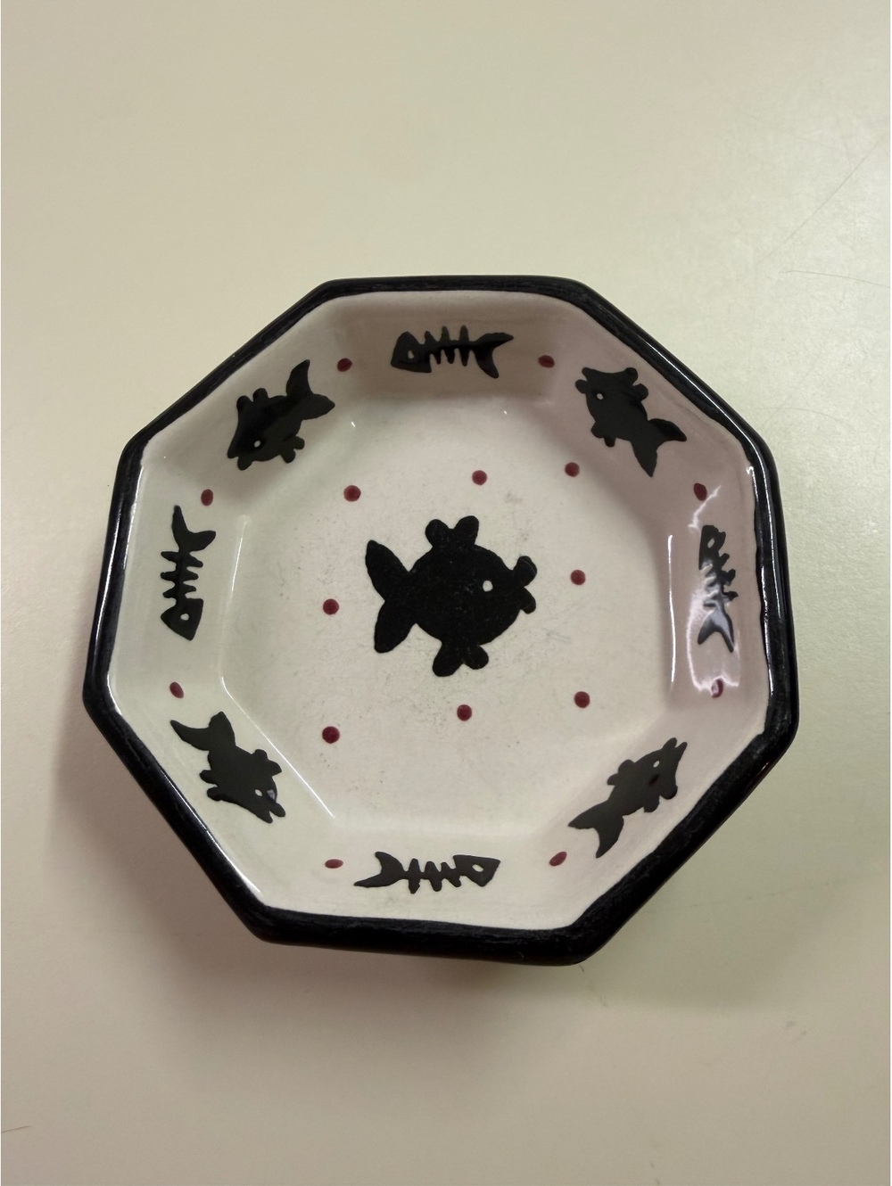 Octagonal Ceramic Bowl with Fish and Fishbone Design